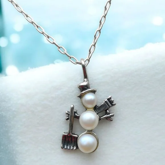 ☃️ Vintage Sterling Shube Signed Pearl Snowman Necklace And Earrings - Picture 3 of 11